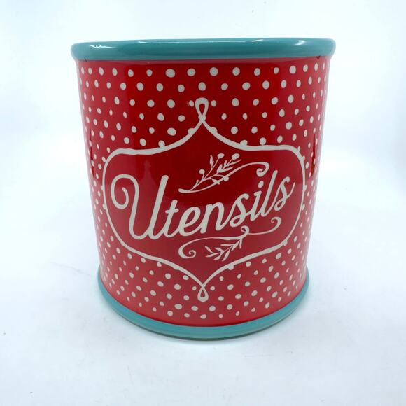 Pioneer Woman Polka Dot Utensil Crock Holder Canister Stoneware Dishwasher Safe - Picture 1 of 6